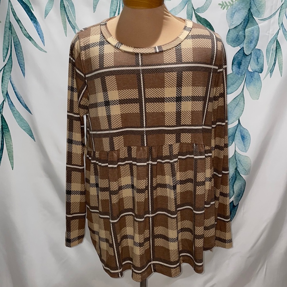 Flamingo Mocha/Sand Long SleevePlaid Babydoll top